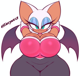 anthro armwear bat_wings big_breasts big_ears black_bodysuit black_clothing black_nose black_skinsuit blue_eyeshadow bodysuit breasts brown_body brown_fur choker cleavage clothed clothing elbow_gloves eyeshadow fangs female front_view fur gloves green_eyes hands_behind_head handwear huge_breasts jewelry looking_at_viewer makeup membrane_(anatomy) membranous_wings necklace purple_wings simple_background skinsuit solo teeth thick_thighs tight_clothing white_background white_body white_clothing white_fur white_gloves white_handwear wide_hips wings takynu90 sega sonic_the_hedgehog_(series) rouge_the_bat bat mammal absurd_res hi_res