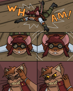 angry anthro boots bracelet claws clenched_teeth clothed clothing coat derp_eyes duo eyewear falling_on_ground fangs female footwear gloves goggles growth hair handwear holding_head impact jewelry leg_harness male necklace ponytail ring shoes sunglasses tail teeth text topwear torn_ear vest whiskers myaxy domestic_cat felid feline felis mammal mouse murid murine rodent 4:5 absurd_res comic hi_res