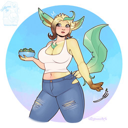 big_breasts bottomwear bowl breasts clothing container denim denim_bottomwear denim_clothing female fingerpads food holding_bowl holding_container holding_food holding_object jeans navel pants pawpads shirt simple_background solo species_transformation tail tank_top topwear torn_clothing transformation white_clothing white_shirt white_tank_top white_topwear lillymoo nintendo pokemon eeveelution generation_4_pokemon human leafeon mammal pokemon_(species) 2026 digital_media_(artwork) hi_res