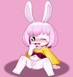 anthro blush bottomless butt clothed clothing female flat_chested fur genitals hair innie_pussy navel one_eye_closed pink_eyes pink_hair plump_labia pussy sitting solo spread_legs spreading white_body white_fur young young_anthro young_female 0227 third-party_edit yakami_hime_anime shirousagi lagomorph leporid mammal rabbit absurd_res censor_removal_edit hi_res