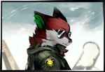 anthro aside_glance badge black_ears black_nose clothed clothing fur green_inner_ear jacket looking_at_viewer male red_body red_fur side_view solo topwear wearing_sunglasses mega_moppa top_gun victor_johansen canid canine fox mammal 2022 half-length_portrait portrait