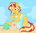 blonde_hair blue_eyes bucket clothed clothing container diaper diaper_fetish female feral hair horn multicolored_hair quadruped red_eyes sand_castle sculpture swimwear two_tone_hair wearing_diaper yellow_body bubblepuppers equestria_girls hasbro my_little_pony mythology sunset_shimmer_(eg) equid equine mammal mythological_creature mythological_equine unicorn absurd_res hi_res