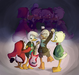 anthro beak bodily_fluids bottomwear clothing crying electric_guitar female group guitar hand_in_pocket hat headgear headwear holding_guitar holding_musical_instrument holding_object jacket male musical_instrument plucked_string_instrument pockets raised_arm scarf shorts string_instrument tears topwear yellow_beak hey-erika disney ducktales ducktales_(2017) della_duck donald_duck fethry_duck gladstone_gander anatid anseriform avian bird duck 2019 absurd_res hi_res brother_(lore) brother_and_sister_(lore) cousins_(lore) sibling_(lore) sister_(lore)