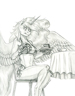 anthro bikini breasts cake chair clothed clothing cutie_mark cutlery dessert eyebrows feathered_wings feathers female food food_on_breasts fork furniture hair holding_object holding_plate horn kitchen_utensils long_hair looking_down navel plate side-tie_bikini side-tie_clothing sitting solo spread_wings string_bikini swimwear table tied_bikini tied_clothing tools two-piece_swimsuit wings baron_engel friendship_is_magic hasbro my_little_pony mythology princess_celestia_(mlp) equid equine mammal mythological_creature mythological_equine winged_unicorn 2021 graphite_(artwork) greyscale hi_res monochrome traditional_media_(artwork)