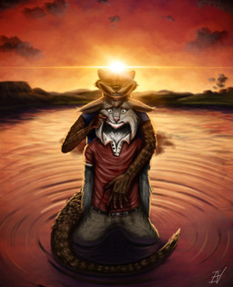 anthro belt blood blood_in_water blue_eyes bodily_fluids bottomwear claw_marks claws clothed clothing cloud collared_shirt creepy_face duo evil_face evil_grin front_view fur hug hugging_another hugging_from_behind lake light looking_at_viewer male pants partially_submerged polo_shirt shirt smile spoiler sun sunlight tail tears topwear water wounded ian-exe echo_(game) echo_(series) echo_project chase_hunter tj_hess felid feline lynx mammal mustelid otter 2025 english_description hi_res signature