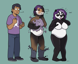 anthro base_one_layout basic_sequence bottomwear breast_growth breasts clothed clothed_to_nude clothing clothing_loss female footwear fully_clothed fully_clothed_to_nude gender_transformation growth hair human_to_anthro linear_sequence male mtf_transformation nude one_row_layout pants purple_hair shirt shoes simple_background slightly_chubby solo species_transformation standing surprised three_frame_image three_frame_sequence tongue tongue_out topwear transformation transformation_sequence weight_gain blackshirtboy bear giant_panda human mammal 2016 hi_res sequence