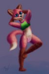 anthro baley_(modestwold) belly big_ears big_feet bikini bikini_top blue_eyes bottomless brown_body brown_ears brown_fur canid canine clothed clothing feet female fox fox_tail fur genitals green_clothing green_topwear hands_behind_head hi_res looking_at_viewer mammal modestwold mostly_nude paws pink_pussy pussy raised_leg red_body red_fox red_fur smile smiling_at_viewer solo swimwear tankini topwear true_fox white_belly white_body white_fur
