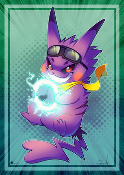 ambiguous_gender black_sclera electricity eyewear feral fur goggles green_background kerchief looking_at_viewer neckerchief neckwear purple_body purple_fur simple_background smile solo tail yellow_kerchief yellow_neckerchief vaporotem nintendo pokemon generation_1_pokemon gengar hybrid pikachu pokemon_(species) 2025 digital_media_(artwork) hi_res