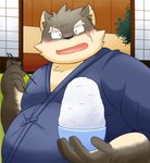 anthro asian_clothing belly blush chopsticks clothing east_asian_clothing embarrassed eyebrows facial_scar food fur grey_body grey_fur japanese_clothing kimono looking_at_viewer male overweight rice scar solo thick_eyebrows marumu_5656 lifewonders tokyo_afterschool_summoners moritaka_(tas) canid canine canis domestic_dog mammal hi_res