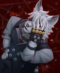 anthro clothing covered_eyes formal_clothing fur gloves gold_(metal) hair hand_on_head handwear harness male red_eyes solo suit white_body white_fur white_hair duckaphion mihoyo zenless_zone_zero von_lycaon canid canine canis domestic_dog mammal absurd_res hi_res