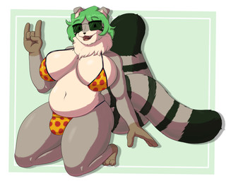 anthro big_breasts bikini breasts bulge clothing eyewear floppy_ears fluffy fluffy_tail fur gynomorph intersex markings multi_tail multicolored_body multicolored_fur neck_tuft solo striped_markings stripes sunglasses swimwear tail thick_thighs tuft two-piece_swimsuit unknown_artist hebleh felid feline mammal pallas's_cat busty_boy_(lore)