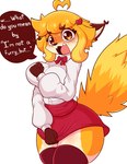 anthro big_breasts blush bodily_fluids bottomwear bow_tie breasts clothing dialogue dipstick_ears ear_markings eyebrows eyelashes fangs female fur hair legwear looking_at_viewer multicolored_ears open_mouth orange_body orange_eyes orange_fur orange_hair red_bottomwear red_clothing red_skirt short_hair simple_background skirt solo speech_bubble sweat sweatdrop tan_body tan_fur teeth text thick_thighs thigh_highs white_background jasminthemanticore jasmin_(jasminthemanticore) canid canine fox mammal 2023 absurd_res english_text hi_res