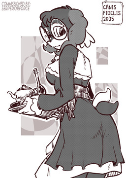 anthro biped breasts clothed clothing eyewear female glasses hair holding_object holding_tray looking_at_viewer looking_back looking_back_at_viewer maid_uniform medium_breasts mouth_closed round_glasses scut_tail short_hair short_tail solo standing tail teapot tray uniform wearing_glasses canisfidelis nintendo pokemon generation_8_pokemon indeedee pokemon_(species) 2025 hi_res monochrome