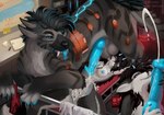 4_ears animal_genitalia animal_penis anthro balls balls_on_face black_body black_fur black_hair blue_eyes blue_horn blue_penis blue_vulva bodily_fluids breasts claws clothing cum cum_on_belly cum_on_body cum_on_face cum_on_vulva cybernetics ejaculation equine_genitalia equine_penis female female_on_feral feral fur genital_fluids genitals hair horn hybrid_genitalia hybrid_penis kiss_mark knot knotted_equine_penis knotted_penis laboratory larger_male licking machine male male/female male_feral multi_ear nipples oral panties penile penis penis_lick penis_milking sex size_difference smaller_female smile stripes tongue underwear vulva white_body white_fur mythology ender_(endermoonfur) yeena_(panzeryeena) dragon felkin furred_dragon furred_scalie hybrid hyena mammal mythological_creature mythological_scalie scalie absurd_res hi_res