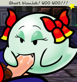 bodily_fluids bottomwear clothing duo erection fangs fellatio female female_focus genitals half-closed_eyes male male/female narrowed_eyes not_furry oral pants penile penis pubes saliva sex smile solo_focus teeth text paint34 mario_bros nintendo paper_mario lady_bow mario boo_(mario) ghost human mammal spirit 2009 meme