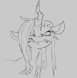 angry ears_down eyelashes fangs female grumpy hair half-closed_eyes horn long_hair looking_away narrowed_eyes pivoted_ears solo teeth woollyart friendship_is_magic hasbro my_little_pony queen_chrysalis_(mlp) arthropod changeling_(mlp) greyscale monochrome sketch