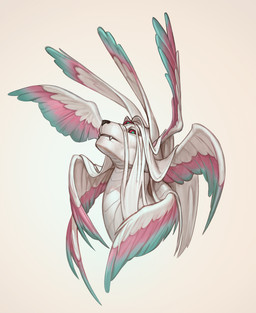 ambiguous_form ambiguous_gender black_nose blue_eyes blue_wings fangs feathered_wings feathers hair head_wings long_hair long_neck looking_at_viewer multi_eye pink_wings red_sclera simple_background solo teeth unusual_wing_placement white_body white_hair white_wings wings edvardiko mythology dragon mythological_creature mythological_scalie scalie absurd_res hi_res