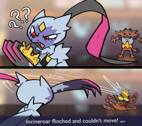 3_toes :3 ambiguous_gender anthro chibi claws confusion crown duo feet fur gem grey_body grey_fur headgear humor king's_rock long_ears standing throwing_object toes yeet blitzdrachin conditional_dnp nintendo pokemon pokemon_champions_(game) generation_7_pokemon generation_8_pokemon incineroar pokemon_(species) sneasler comic