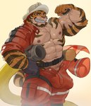 5_fingers abs anthro armor balls_outline beard biceps big_bulge big_muscles black_body black_fur black_pawpads body_hair bulge chest_hair claws clothed clothing countershade_torso countershading detailed_bulge erection facial_hair finger_claws fingers firefighter flexing fur garter_straps genital_outline grin hard_hat headgear helmet huge_muscles humanoid_hands looking_at_viewer male muscular muscular_anthro muscular_male nipples orange_body orange_fur pawpads penis_outline pink_nipples pink_nose pose simple_background smile solo striped_body striped_fur stripes teeth unbuttoned_pants uniform vein veiny_muscles whiskers white_claws imato felix_(imato) felid feline mammal pantherine tiger digital_media_(artwork) hi_res