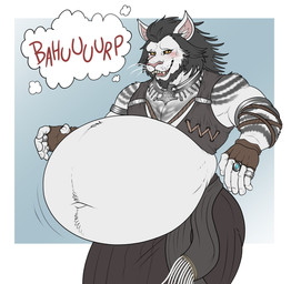 anthro belly big_belly black_hair blush bodily_fluids burping fur hair huge_belly male mane navel outie_navel pink_nose solo sweat sweatdrop white_body white_fur yellow_eyes eggo21 final_fantasy final_fantasy_xiv square_enix felid hrothgar lion mammal pantherine hi_res