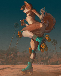 anthro asphalt bent_legs bottle breasts building cassette_player claws clothing container electronics evening female footwear genitals headphones house knee_pads nipples nude palm_tree plant portable_music_player quad_skates roller_skates sky solo street text tree vulva alex-dep-998 walkman canid canine mammal 2025 4:5 artist_name digital_drawing_(artwork) digital_media_(artwork) full-length_portrait hi_res portrait