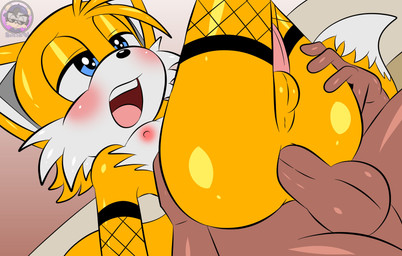 2_tails anal anal_penetration anthro anthro_penetrated armwear balls big_penis blue_eyes blush clothed clothing crossdressing dark_body dark_skin duo elbow_gloves erection femboy fishnet_armwear fishnet_clothing fishnet_elbow_gloves fishnet_gloves fishnet_handwear fishnet_legwear fishnet_stockings fur genitals gloves half-closed_eyes hand_on_butt handwear legwear male male/male male_penetrated male_penetrating male_penetrating_anthro male_penetrating_male multi_tail narrowed_eyes nipples open_mouth penetration penis sex tail thigh_highs tongue yellow_body yellow_fur sirjzau sega sonic_the_hedgehog_(series) miles_prower canid canine fox human mammal absurd_res hi_res