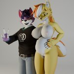 1:1 3d_(artwork) anthro blender_cycles bodily_fluids breasts canid canine canis digital_media_(artwork) domestic_dog female genitals gesture hand_gesture hand_on_belly hand_on_hand haolde haolde_(character) hi_res lactating looking_at_viewer male male/female mammal nude pregnant pussy smile smiling_at_viewer smutty_(n'hornyxvi) v_sign wolf