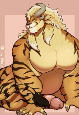 anthro barazoku belly big_muscles big_pecs big_penis erection genitals glans hair horn huge_pecs kneeling long_hair looking_at_viewer male musclegut muscular muscular_arms nude overweight overweight_male pecs penis smile solo stripes tail tail_tuft tuft tilionmaia guild_wars charr felid mammal hi_res