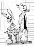 anthro band-aid bandage bracelet clothed clothing collar duo ear_piercing female fishnet_clothing fishnet_legwear gauged_ear green_eyes jacket jewelry legwear male piercing purple_eyes shirt smoking spiked_bracelet spikes tongue tongue_out tongue_piercing topwear holmssie disney zootopia judy_hopps nick_wilde canid canine fox lagomorph leporid mammal rabbit red_fox true_fox 2017 3:4 black_and_white monochrome