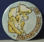 1992 anthro breasts canid canine canis ebay english_text eric_blumrich eyelashes female jackal mammal name_badge pin_button rust solo text tongue trademark