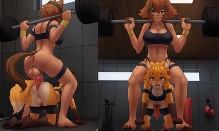 all_fours alternate_species anal anal_penetration animal_genitalia animal_penis anthro anus arched_back athletic_wear balls big_balls big_penis blue_eyes bodily_fluids boxing_gloves breasts brown_body brown_fur brown_hair canine_genitalia canine_penis claws clothed clothing countershade_face countershade_fur countershade_torso countershading detailed_background duo erection fur furrification genital_fluids genitals gym gynomorph gynomorph/gynomorph gynomorph_penetrated gynomorph_penetrating gynomorph_penetrating_gynomorph gynomorph_penetrating_intersex hair handwear intersex intersex/intersex intersex_penetrated intersex_penetrating intersex_penetrating_gynomorph intersex_penetrating_intersex knot knotted_penis monster_girl_(genre) muscular muscular_gynomorph muscular_intersex orange_body orange_eyes orange_fur orange_hair orange_tail penetration penile penile_penetration penis penis_in_ass penis_size_difference perineum precum precum_string red_penis sex squats sweat tail weights white_body white_fur wristband seraziel monster_musume sewayaki_kitsune_no_senko-san polt_(monster_musume) senko-san canid canine fox japanese_kobold mammal 2024 5:3 hi_res
