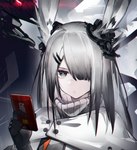 cellphone clothing electronics female grey_eyes hair hair_over_eye holding_object looking_at_viewer one_eye_obstructed phone solo topwear white_hair yushi_ketsalkoatl arknights hypergryph studio_montagne frostnova_(arknights) animal_humanoid humanoid lagomorph lagomorph_humanoid leporid_humanoid mammal mammal_humanoid rabbit_humanoid 2020 absurd_res hi_res