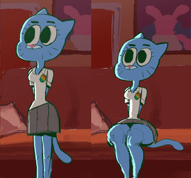 accessory anthro bent_legs big_eyes big_iris biped black_eyebrows black_eyes black_markings blue_body blue_ears blue_fur blue_markings blue_tail bottom_heavy bottomwear breasts brown_bottomwear brown_clothing brown_skirt clothed clothed_anthro clothed_female clothing collared_shirt decorative_pin doorway eyebrows eyelashes facial_markings female fully_clothed fully_clothed_anthro fully_clothed_female fur furniture green_outline hands_behind_back head_markings huge_hips inside internal_wall iris legs_together light_body light_fur living_room long_eyelashes looking_forward markings mature_anthro mature_female medium_breasts monotone_tail mouth_closed muzzle_(marking) no_pupils on_sofa outline photo picture_frame pillow pin_accessory pin_button pink_nose pointy_ears prick_ears shirt sitting sitting_on_sofa sketch_background skirt small_waist snout sofa solo standing straight_legs tail thick_thighs three-quarter_view topwear wall_(structure) whisker_markings white_clothing white_pillow white_sclera white_shirt white_topwear wide_hipped_anthro wide_hipped_female wide_hips 4chan_anon unknown_artist cartoon_network the_amazing_world_of_gumball nicole_watterson domestic_cat felid feline felis mammal 2025 2koma comic digital_drawing_(artwork) digital_media_(artwork) hi_res sketch