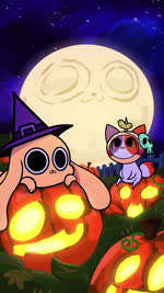 :3 ambiguous_gender big_eyes bone clothing detailed_background duo face_on_moon fence food fruit hat headgear headwear holidays jack-o'-lantern long_ears lying mask moon mottled night on_front paws pickle_(food) plant pumpkin pumpkin_patch semi-anthro sitting skull sky star starry_sky white_body witch_hat yellow_body kyrakupetsky meredith_kesh chikn_nuggit halloween cheezborger_(chikn_nuggit) chikn_nuggit_(chikn_nuggit) canid canine canis domestic_cat domestic_dog felid feline felis mammal animated digital_media_(artwork) hi_res loop shaded webm female_(lore) male_(lore)