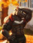 abs anthro beard biceps big_muscles black_body black_fur bulge day electronics facial_hair fangs fur headphones light looking_at_viewer male muscular muscular_anthro muscular_male outside pecs solo sunlight teeth white_body white_fur yellow_eyes bullstorm silver_fang canid canine canis mammal wolf