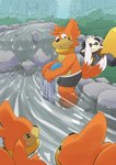 anthro clothing fur group male river solo washing_clothes gralicbutter nintendo pokemon buizel generation_4_pokemon generation_6_pokemon pancham pokemon_(species) absurd_res hi_res