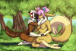 anthro breasts duo female female/female fluffy fluffy_tail forest grass hand_holding hug light light_beam neck_tuft nipples plant sunbeam sunlight tail tree tuft whispering winter-silverwolf nintendo pokemon eevee generation_1_pokemon generation_5_pokemon larvesta pokemon_(species)