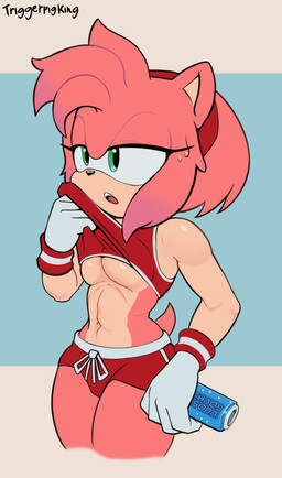 abs anthro bodily_fluids breasts clothing female gloves green_eyes hair handwear medium_breasts muscular muscular_anthro muscular_female navel open_mouth pink_body pink_hair solo sweat tan_body thick_thighs under_boob triggerpigart sega sonic_the_hedgehog_(series) amy_rose eulipotyphlan hedgehog mammal 2026 absurd_res hi_res