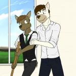 anthro broom building cleaning_tool clothing duo fangs house male markings road servant sky suit teeth window fuze luis_(fuze) wolfgang_(fuze) canid canine canis domestic_dog mammal 1:1 hi_res