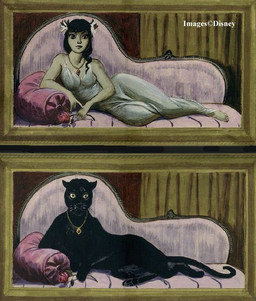 after_transformation before_and_after black_body black_fur black_hair clothed clothing curtains dress female feral flower fur furniture hair inside jewelry long_hair looking_at_viewer necklace necklace_only nude pillow plant pose reclining sofa solo thick_thighs transformation whiskers marc_davis disney disney_parks the_haunted_mansion lady_hephaestia felid ghost human mammal pantherine spirit official_art portrait watermark