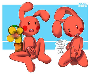 balls blush blush_lines flower fur genitals humanoid_genitalia humanoid_penis male open_mouth penis plant red_balls red_body red_cheeks red_ears red_fur red_penis solo text muzoka galaxia_(ronaldo_souza) turma_do_cueio cueio lagomorph leporid mammal rabbit 2019 dated portuguese_text translated