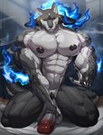 abs anthro aroused balls barbell_piercing biceps big_balls big_muscles big_pecs big_penis erection fur genitals glans horn humanoid_genitalia humanoid_penis kneeling magic male muscular muscular_male nipple_piercing nipples nude pecs penis piercing solo vein white_body white_fur magangz canid canine canis mammal wolf 2023 digital_media_(artwork) hi_res