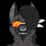 anthro eyewear facial_hair feathers goatee goggles male piecing smile solo aether_stripes hyena mammal hi_res