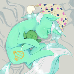 clothing cutie_mark eyes_closed female feral green_body happy hat headgear headwear horn hug nightcap plushie sleeping smile solo irurirue friendship_is_magic hasbro my_little_pony mythology anon lyra_heartstrings_(mlp) equid equine mammal mythological_creature mythological_equine unicorn 1:1 hi_res