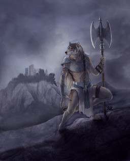 anthro armor axe biped braided_hair digitigrade greataxe hair long_hair male melee_weapon solo standing tail weapon marwolaeth canid canine canis mammal wolf 2010