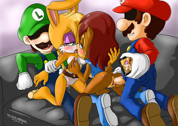 anthro anthro_penetrated anus barefoot biped bisexual blush bodily_fluids breasts brown_body brown_fur butt butt_grab camera clothed clothed_sex clothing digit_ring feet female female/female female_penetrated footwear foursome french_kissing fur genital_fluids group group_sex hand_on_butt human_on_anthro human_penetrating human_penetrating_anthro infidelity inside interspecies jewelry kissing machine male male/female male_penetrating nipples orange_body orange_fur overalls penetration recording ring sex shoes toony vaginal vaginal_fluids wedding_ring yellow_body yellow_fur the_dark_mangaka archie_comics mario_bros nintendo sega sonic_the_hedgehog_(archie) sonic_the_hedgehog_(comics) sonic_the_hedgehog_(series) bunnie_rabbot luigi mario sally_acorn chipmunk ground_squirrel human lagomorph leporid mammal rabbit rodent sciurid tree_squirrel 2015 crossover digital_media_(artwork) brother_(lore) brothers_(lore) sibling_(lore) twins_(lore)