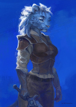 anthro armor belt blue_body blue_eyes blue_fur blue_hair blue_spots bottomwear breasts clothing countershading female female_anthro fur gloves hair handwear holding_melee_weapon holding_object holding_sword holding_weapon looking_at_viewer melee_weapon pants simple_background solo spots standing sword tail weapon white_body white_fur saterina microsoft the_elder_scrolls m'ria_(maks_hunt) felid khajiit mammal pantherine snow_leopard 2025 digital_media_(artwork) hi_res signature