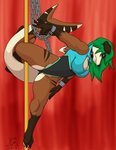 anthro biped black_collar black_nose breasts chain clothed clothed_anthro clothed_female clothing collar cuff_(restraint) dancing female female_anthro green_hair hair non-mammal_breasts pole pole_dancing restraints shackles solo goliathcpg fish marine shark 2018