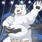 anthro belly black_nose blue_eyes blush cute_fangs electronics fangs humanoid_hands kemono male microphone moobs navel nipples one_eye_closed overweight overweight_male solo teeth white_body wink yaki_atsuage utau shirane_kan bear mammal polar_bear ursine 1:1 2022 hi_res