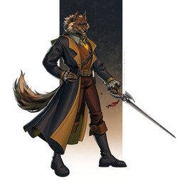 anthro black_sclera brown_body brown_fur brown_nose brown_tail clothed clothing fur hand_on_hip holding_melee_weapon holding_object holding_sword holding_weapon looking_at_viewer male melee_weapon mouth_closed simple_background solo standing sword tail tan_body tan_fur tan_tail weapon yellow_eyes marie_merkh canid canine mammal absurd_res hi_res